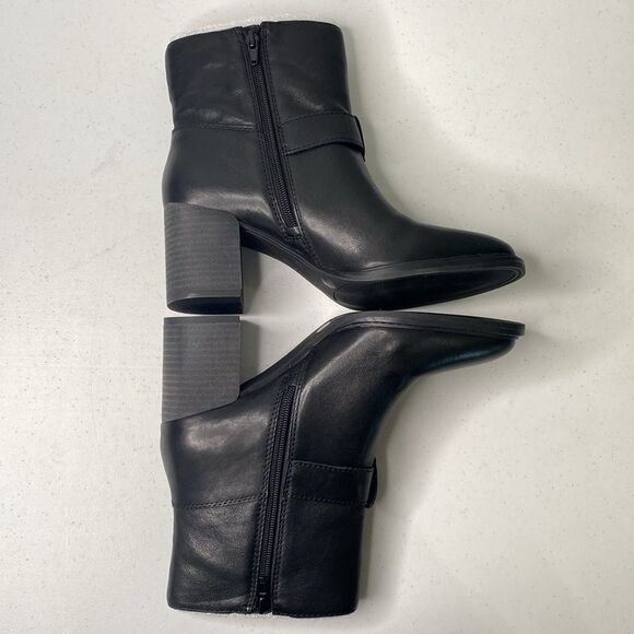 Lucky Brand Achelle Black Leather Bootie Silver Buckle Stacked Block Heel Zipper - Picture 13 of 15